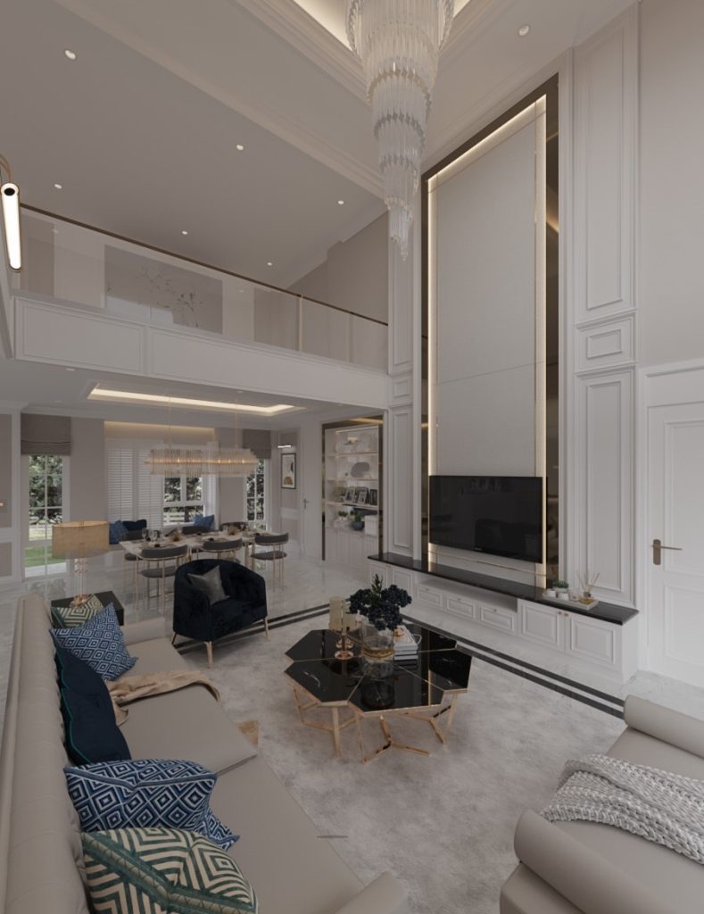 ห้องนั่งเล่นพร้อมผนังทีวี Built-in บ้านชัยพฤกษ์ บางบัวทอง | TV Wall Living Room Interior Design Chaiyapruk Bangbuathong