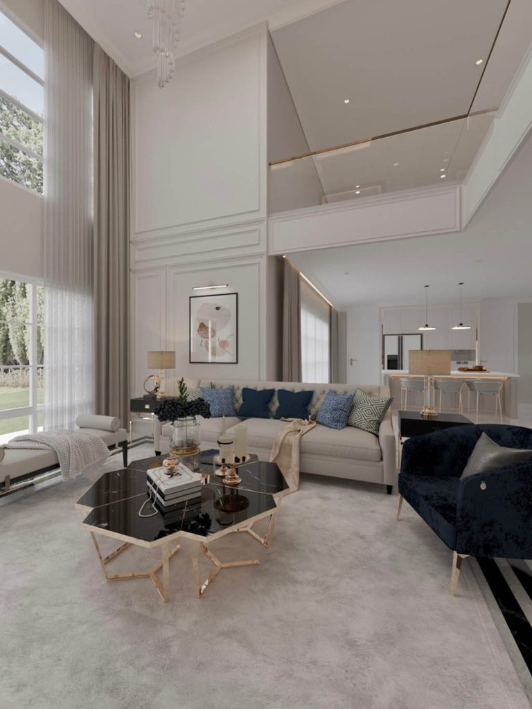 มุมนั่งเล่นตกแต่งเฟอร์นิเจอร์ลอยตัว บ้านชัยพฤกษ์ บางบัวทอง โทนหรู | Living Area Interior Design Chaiyapruk Bangbuathong