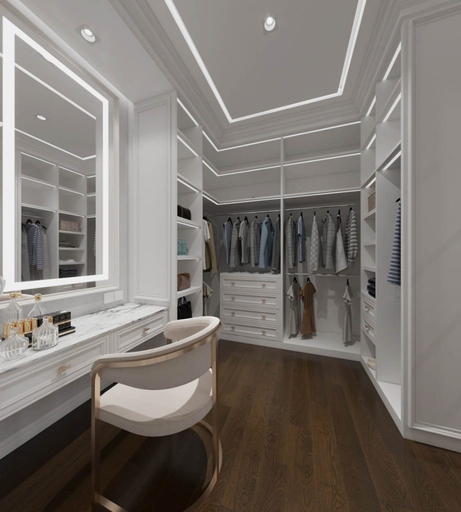 Walk-in Closet และโต๊ะเครื่องแป้ง Built-in บ้าน Grandio บางแค | Walk-in Closet Interior Design Grandio Bangkae