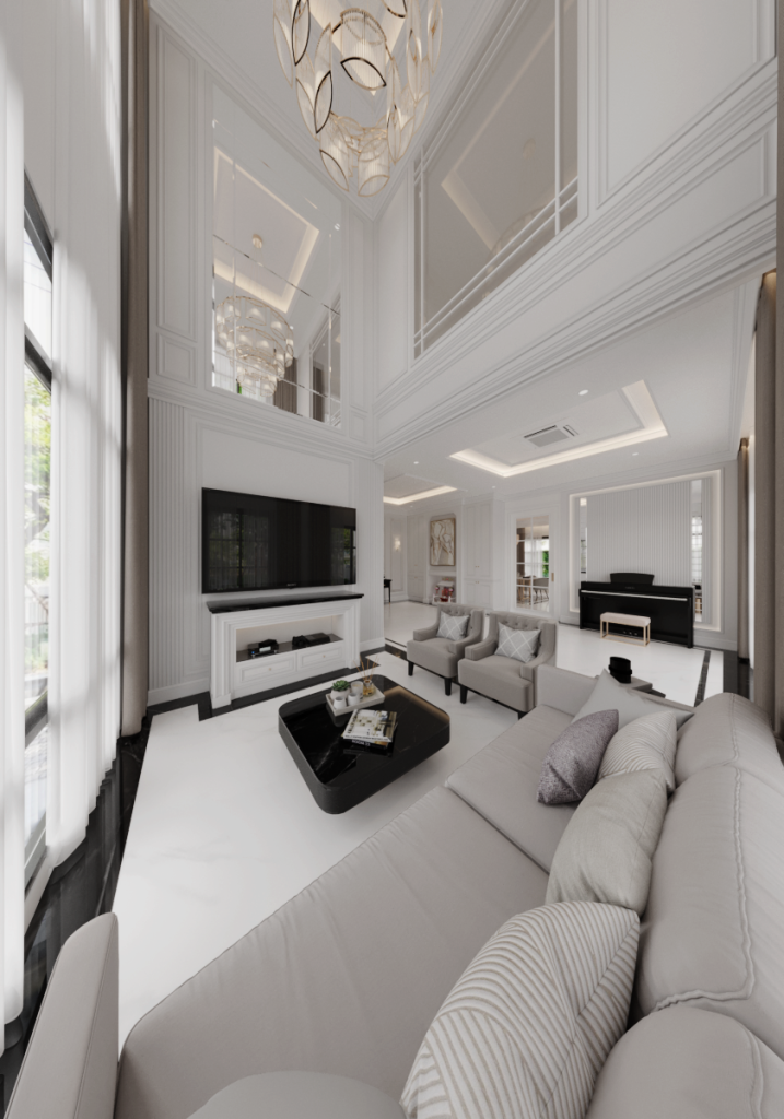 ห้องนั่งเล่นเพดานสูง double volume บ้านพักอาศัย นครปฐม modern classic living room interior design