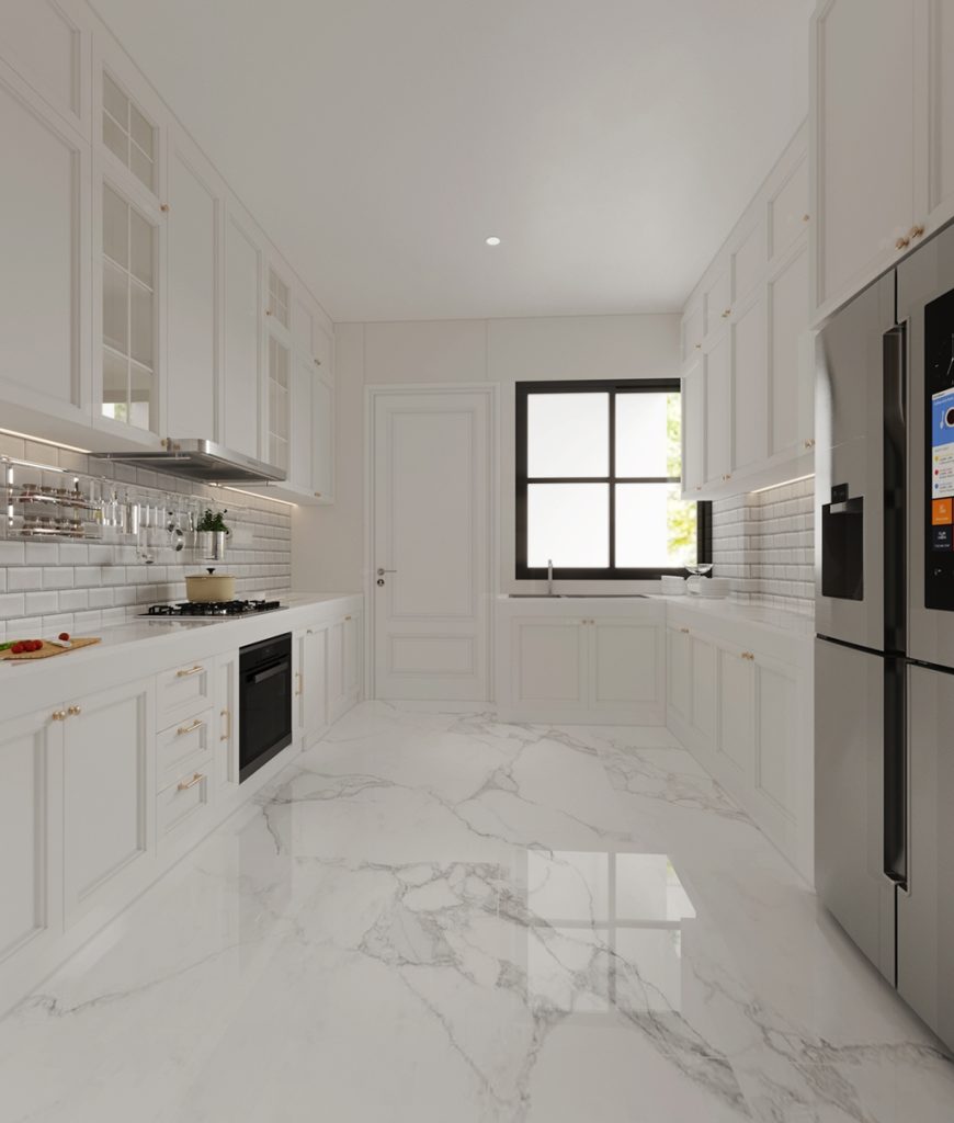 ออกแบบห้องครัวสีขาวสไตล์ modern classic kitchen interior design บ้านพักอาศัย นครปฐม
