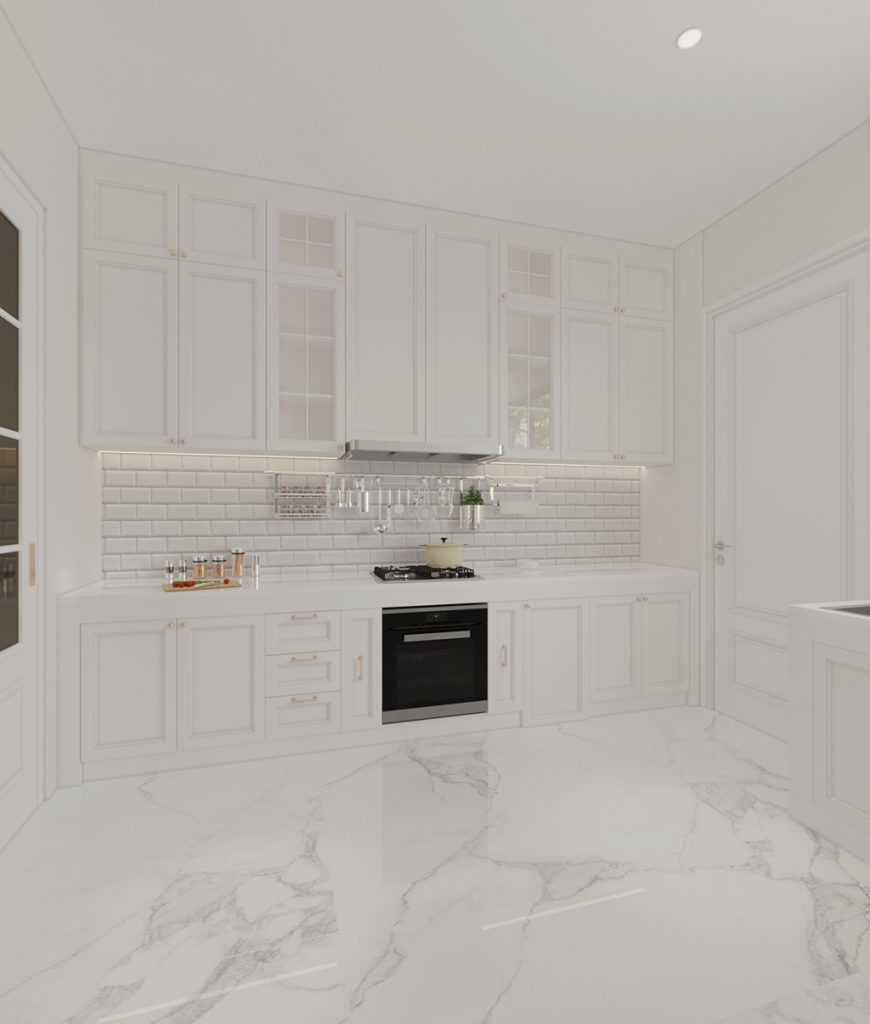 มุมมองห้องครัว built-in สีขาว modern classic kitchen design บ้านพักอาศัย นครปฐม