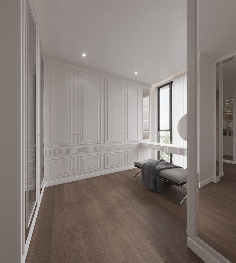 พื้นที่ภายในห้องแต่งตัว ผนังบัว modern classic interior hallway บ้านพักอาศัย เพชรบุรี