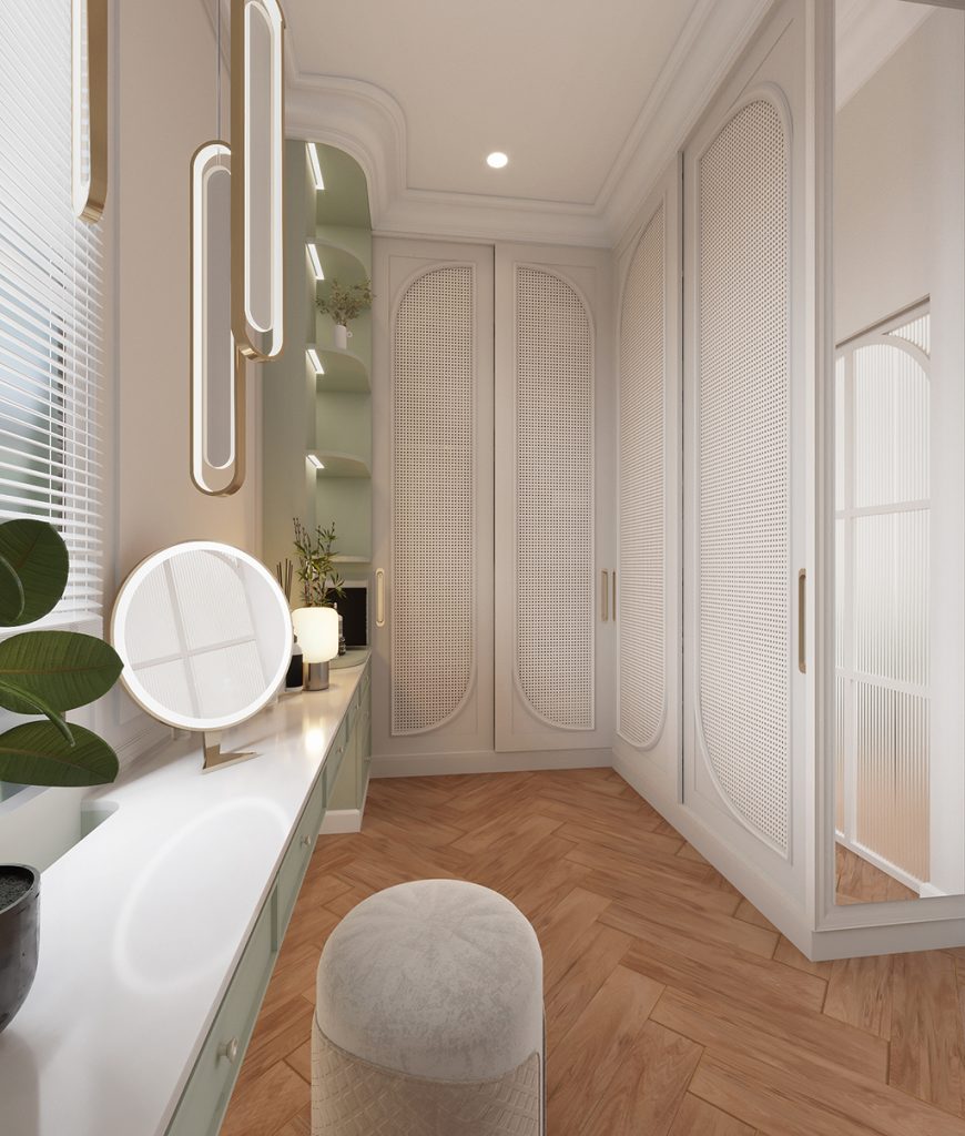 โถงทางเดินตกแต่งผนังและพื้นไม้ parquet modern classic corridor interior บ้านพักอาศัย เพชรบุรี
