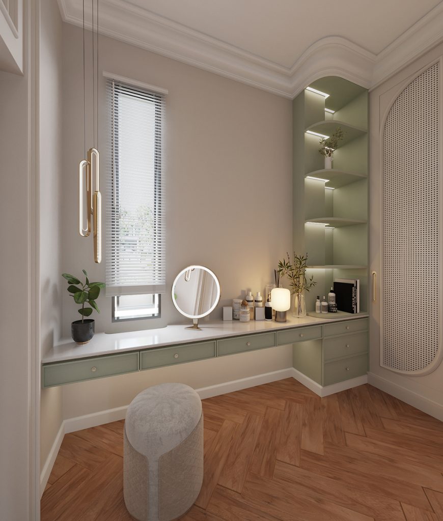 มุมโต๊ะเครื่องแป้งพร้อมกระจกและไฟซ่อน modern classic vanity design บ้านพักอาศัย เพชรบุรี