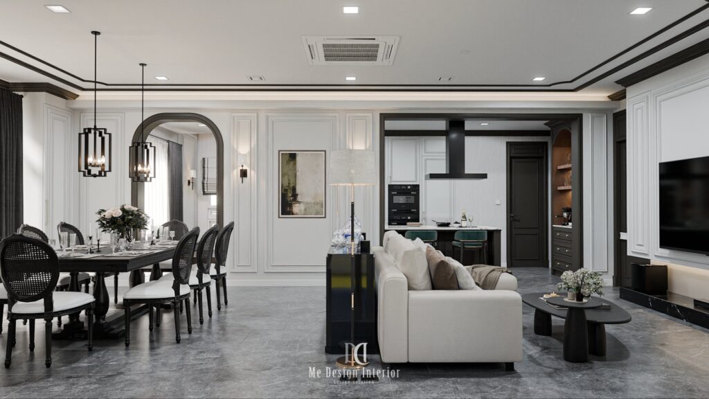 Modern classic living and dining interior design at Mantana Bangna Wongwaen by Medesign Interior