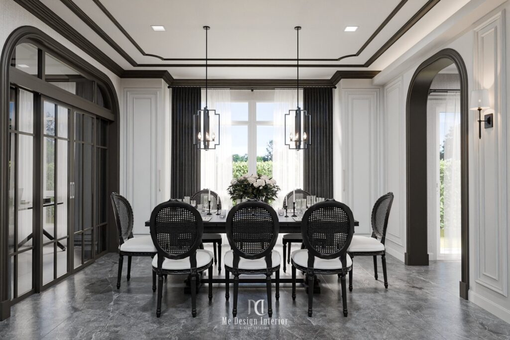รับออกแบบตกแต่งภายในห้องทานอาหารสไตล์ Modern Classic พร้อมโต๊ะอาหารและแสงไฟดีไซน์หรู