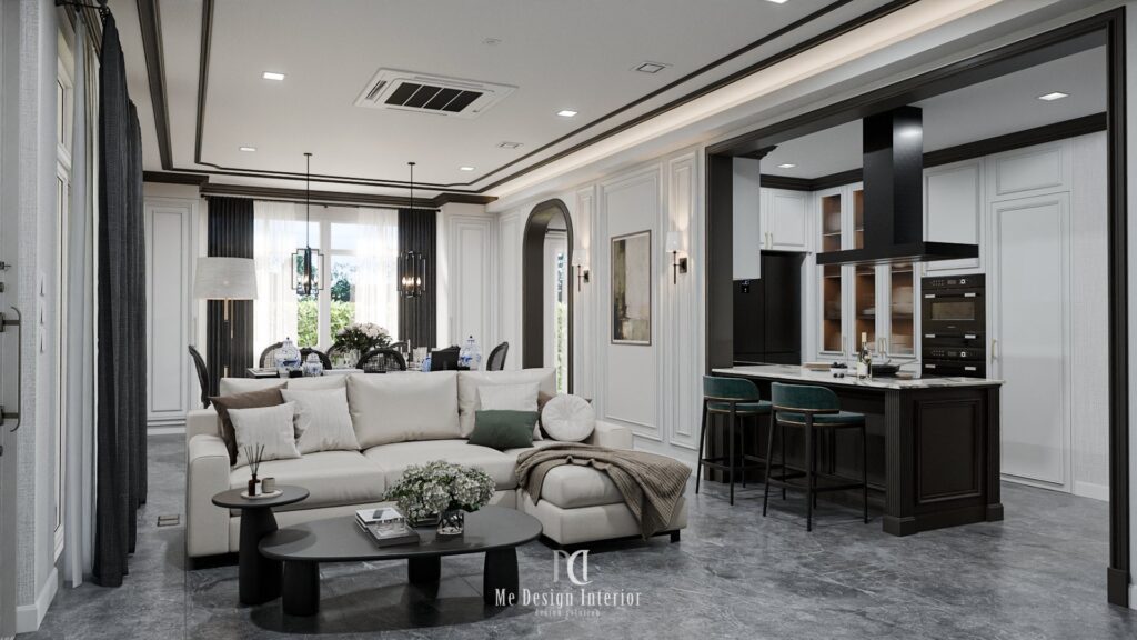 Luxury living room interior design modern classic style with built-in TV wall by Medesign Interior