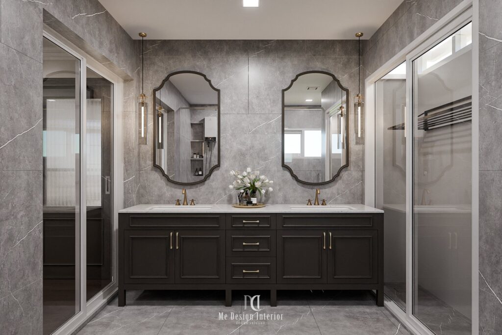ห้องน้ำ master vanity คู่ พร้อมกระจกทรงคลาสสิกและหินผนังลายธรรมชาติ